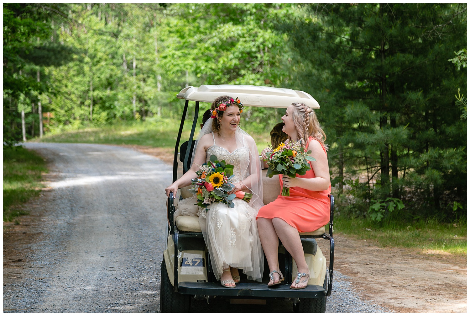 bride travelling to ceremony in golf cart at whispering springs